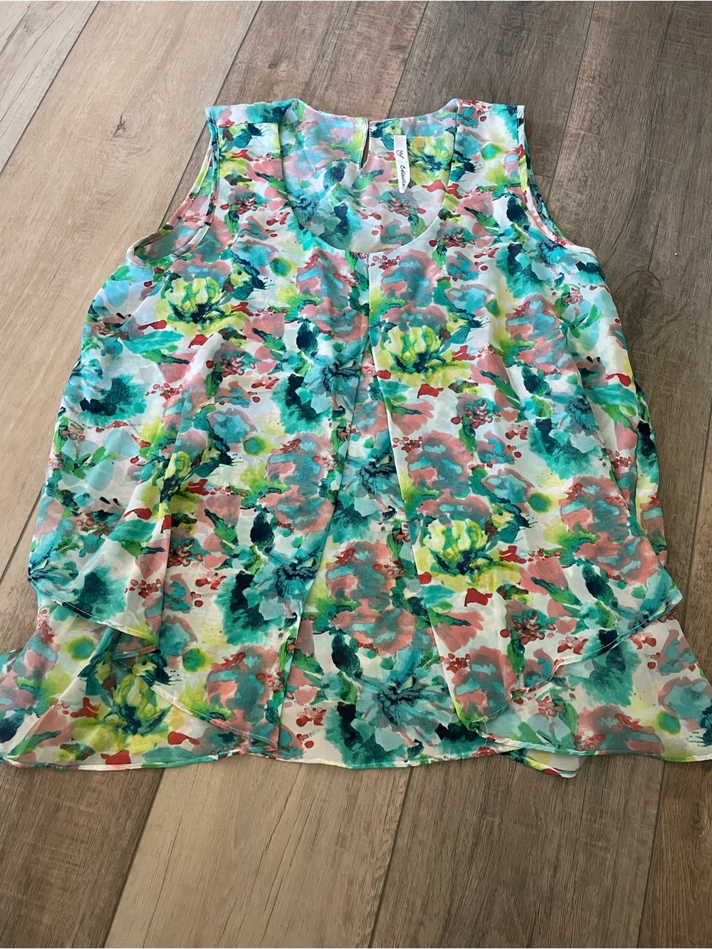 NY Collection Watercolor Floral Sleeveless Layered Blouse Top Large